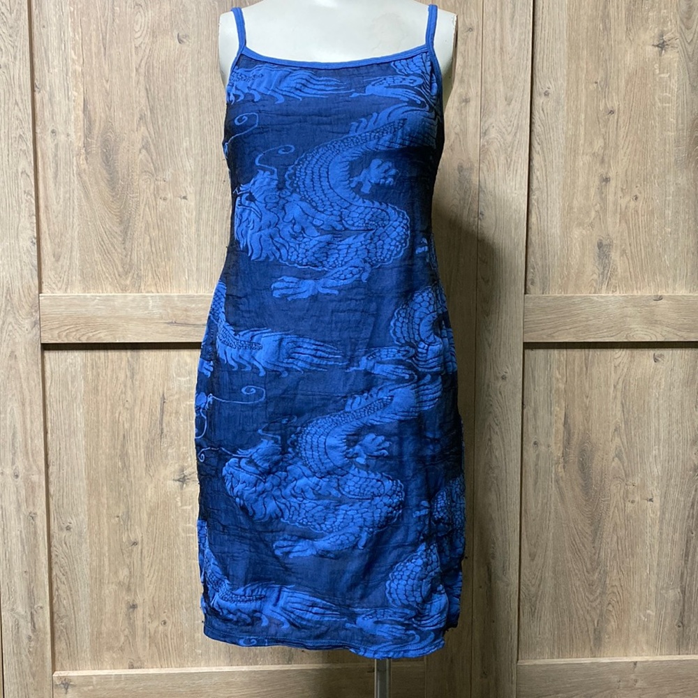 Y2K Asian inspired sheer blue on blue dragon midi, Vintage Francesca Caretti 8